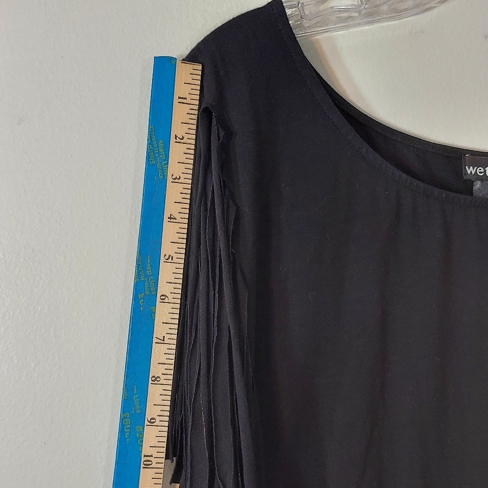 WetSeal Women's Black Tie Dye Bleached Shirt with Fun Fringe Cut Sleeves - Picture 10 of 15